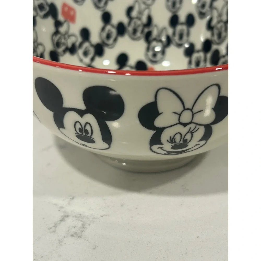 Disney Mickey and Minnie Mouse Ceramic Bowl Black White Red Rim - Picture 3 of 5